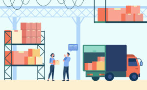 Logistics worker and courier loading truck